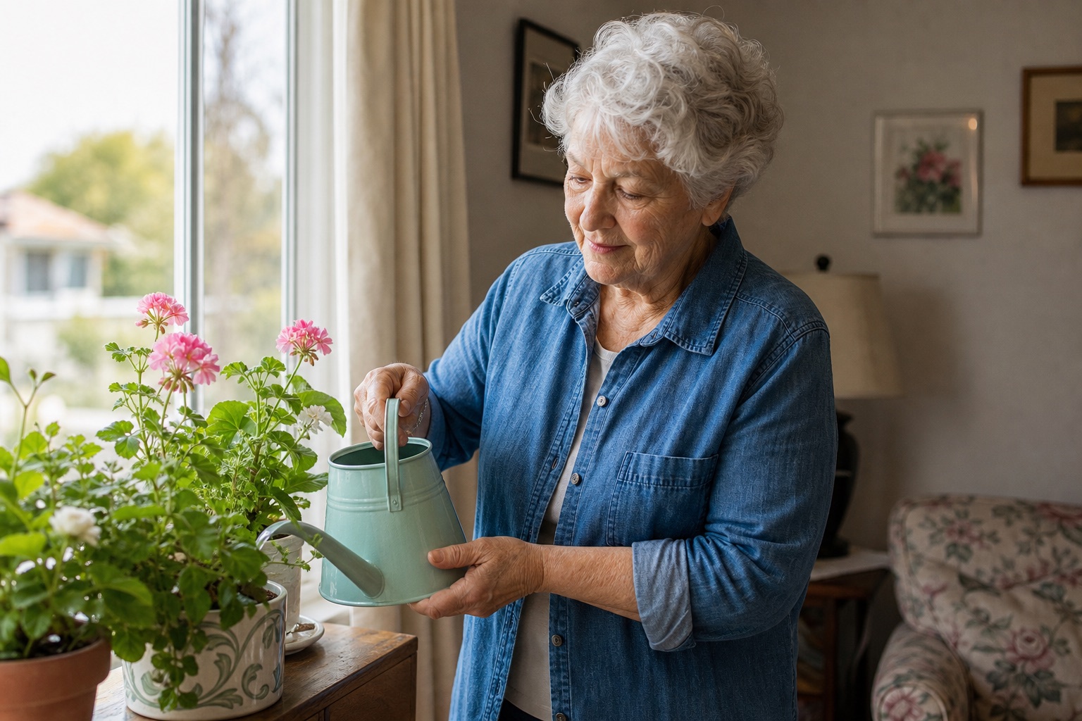 Seniorin gießt Pflanzen